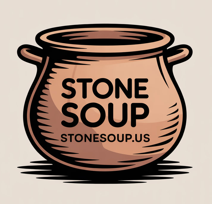 Stone Soup — a copper pot with the words Stone Soup Stonesoup.us